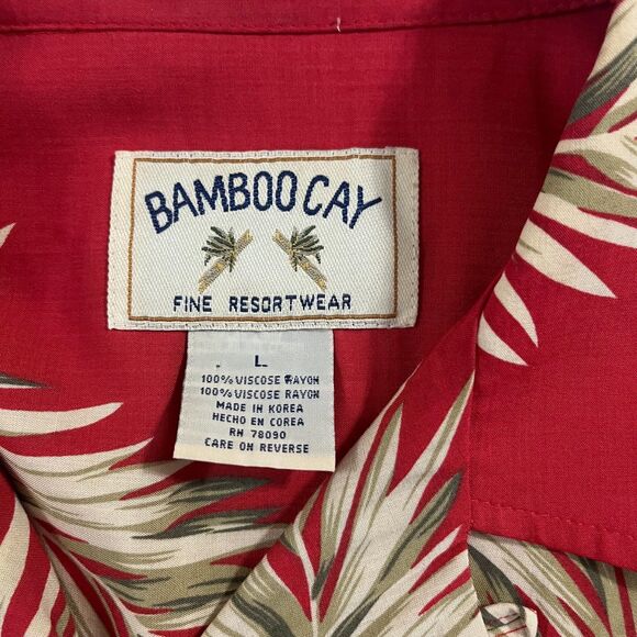 BAMBOO CAY Shirt Men Large Red Short Sleeve Button Leaves Tropical Viscose Blend - Picture 3 of 9
